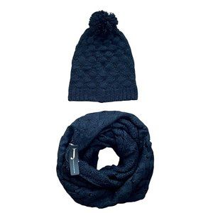 WOMENS BLACK LIGHT WEIGHT KNITTED BEANIE & INFINITY SCARF SET - SZ: OS
